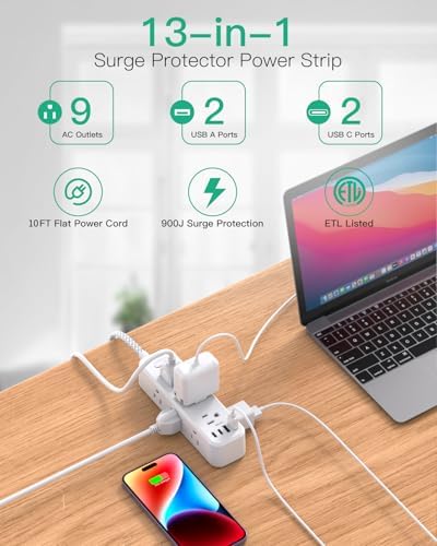 10FT Power Strip, 13-in-1 Long Extension Cord with Multiple Outlets with 9 Wide Spaced Outlets and 4 USB Ports, Flat Plug Wall Mount Charging Station for College Dorm Room Essentials, Office, White - Image 3