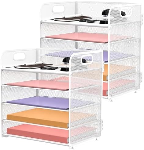 2 Pack 5-Tier White Desk Organizer with Handle Mesh Desk File/Paper Organizer Letter Tray for Office, School and Home Easy Installation by SUPEASY