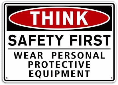 Think Safety First Sign Stickers,Waterproof Durable Wear Personal Protective Equipment Warning Sign,Safety Signs for Workplace, Laboratory Construction Area& Industry Door (Red) by LUHIMO
