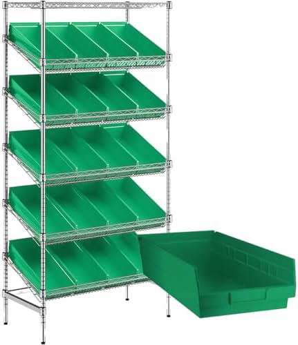 18" x 36" x 74" Heavy-Duty Commercial Chrome Shelving Unit with 20 Green Storage Bins - Metal Wire Utility Shelf for Tool, Office, Garage, and Warehouse Organization - Durable Storage Cabinet by Zedfire