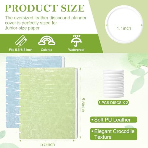 2 Pack Pu Leather 5.5x8.5in Discbound Notebook Cover And Disc Set Discbound Planner Cover With 16 Pcs Expansion Discs Junior Size Disc Bound Notebook Accessories(Blue&Green;No Inner Paper) - Image 2