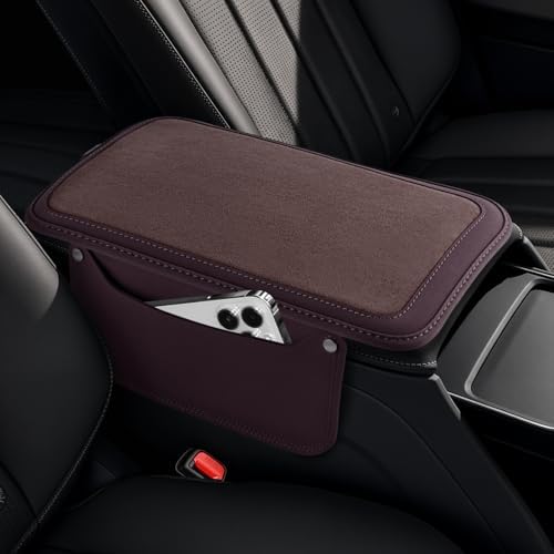 SINGARO Car Leather Center Console Cover with 2 Storage Bags, Universal Furry Fluffy Car Armrest Seat Box Pad, Comfortable Car Interior Accessories, Fits for Most Vehicles (Brown) by SINGARO