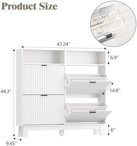 Shoe Cabinet Storage for Entryway with 4 Flip Drawers, Fluted Narrow Shoe Organizer with Wooden Legs & Top Cubby, Freestanding Slim Shoe Storage Hidden Shoe Rack for Front Door Entrance, White - Image 2