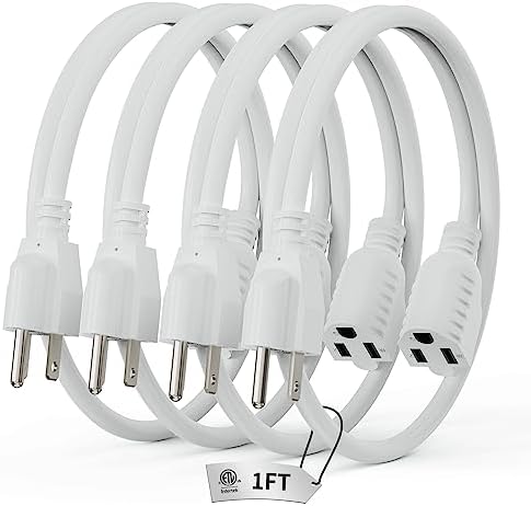 PLUGTUL 1 FT Extension Cord White, 4 Pack Short Power Cord, Indoor/Outdoor 16 Gauge 3 Prong Grounded Wire ETL Listed, 13A 1625W 125V SJTW by PLUGTUL