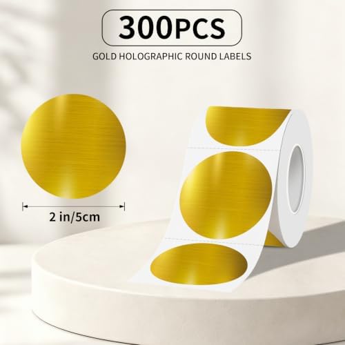 2Inch Circle Holographic Gold Thermal Labels, Waterproof Printable Round Direct Thermal Stickers, Self-Adhesive for Small Business Logo, QR Code, Price Tag & Packaging, 300Pieces/Roll - Image 3
