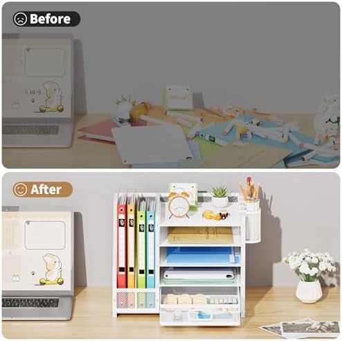 Marbrasse Desk Organizer with File Holder, 5-Tier Paper Letter Tray Organizer with Drawer and 2 Pen Holder, Mesh Desktop Organizer and Storage with Magazine Holder for Office Supplies (Wood-White) - Image 7