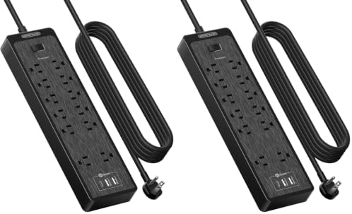 NTONPOWER 15 ft Extension Cord, Flat Plug Power Strip with USB, 12 Outlets Wall Mount, 2100 Joules, 1875W, 15A Circuit Breaker for Home Office Dorm Essentials, Black (Pack of 2) by NTONPOWER