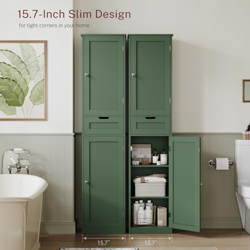 TEENFON Tall Bathroom Cabinet with 2 Doors & 1 Drawer, Narrow Bathroom Storage Cabinet with Adjustable Shelves, for Living Room, Entryway, Kitchen, Forest Green - Image 3