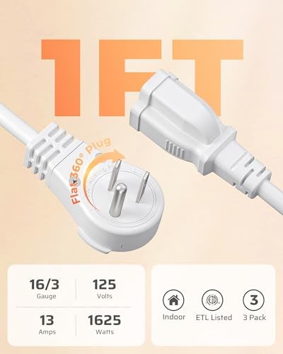 DEWENWILS 1FT 360° Rotating Flat Plug Extension Cord, 16/3 Gauge, 3 Pack - Image 6