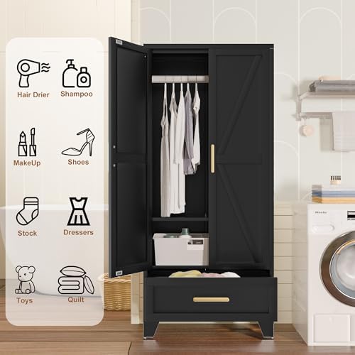 Baborokic Metal Wardrobe Cabinet,71 Armoire Wardrobe Closet with Drawers and Hanging Rod,Metal Armoire with Adjustable Shelves for Closet,Bedroom,Farmhouse Storage Cabinet with Drawer(Black) - Image 6