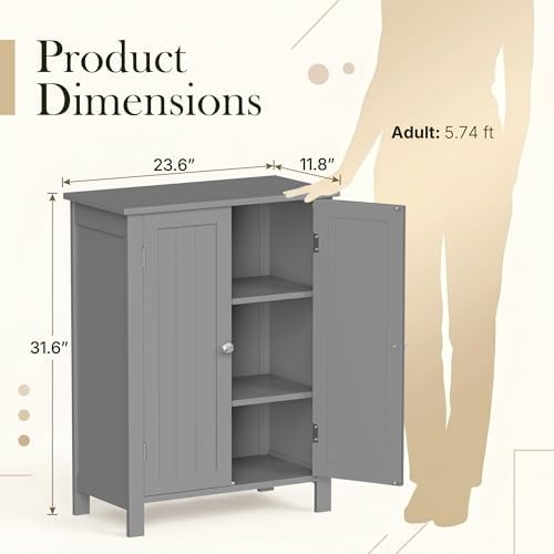 SUPER DEAL Modern Bathroom Floor Storage Cabinet with Adjustable Shelf and Double Door Rust Proof, Living Room Modern Home Furniture Storage Organizer Cabinet, Grey - Image 3