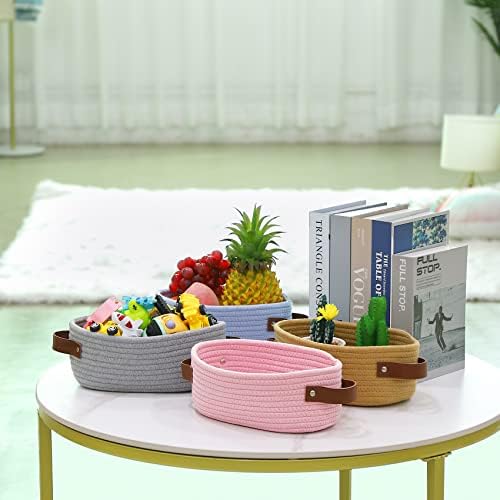 ABenkle Small Woven Basket, Mini Cotton Rope Storage Baskets, Tiny Easter Basket, Shelf Basket, Oval Decorative Toy Dog Cat Bin for Nursery, Empty Gift Basket, 9.4" x 5.9" x 3.9" XS - Image 3