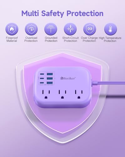 6 USB (3 USB C) Purple Travel Power Strip, 5Ft Extension Cord, 3 Outlets - Image 6