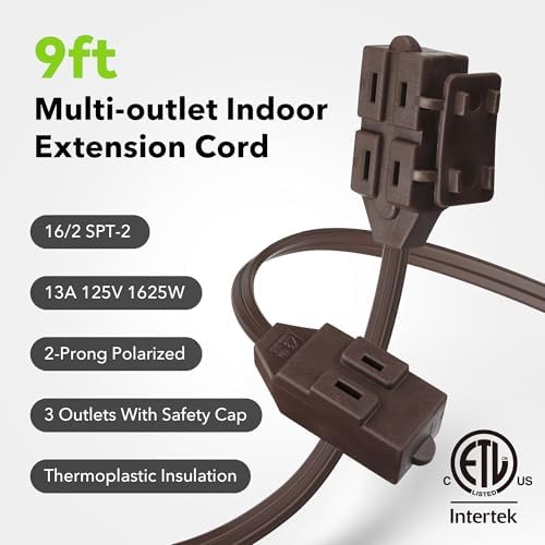 BN-LINK 9ft Indoor Extension Cord, 2 Pack, 3-Outlet Polarized Flat Cable, Household Power Cord for Home, Office, and Holiday Decorations, Brown - Image 3