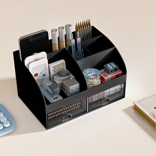 COMFYROOM Desk Organizer with 6 Compartments and 2 Drawers, Plastic Makeup Organizer, Pen Holder for Desktop Storage, Desk Organization for School, Home, Office Supplies (Black) - Image 3