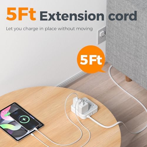 TESSAN Flat Extension Cord 5Ft, Flat Plug Power Strip, Grey - Image 3