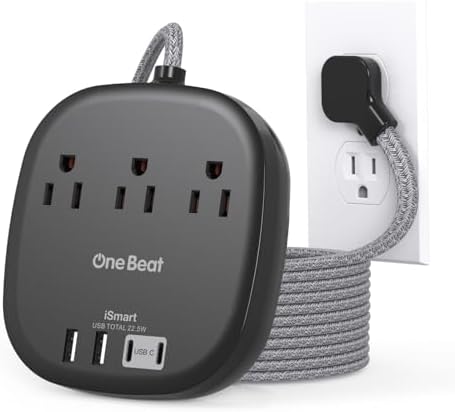 Cruise Ship Travel Essentials, 22.5W/4.5A Flat Plug Power Strip, Black by OneBeat