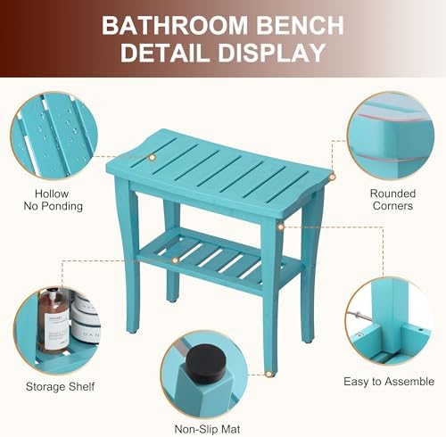 Bamboo Shower Bench Stool with Storage Shelf, Waterproof Shower Chair Spa Bath Seat, Shower Stool for Inside, Bathroom Bench Seat for Adults Elderly Seniors for Indoor or Outdoor Use(Sky Blue) - Image 3