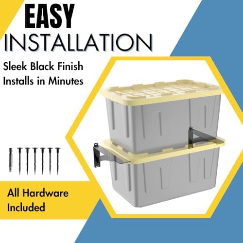 Koova Wall Mounted Tote Rack Storage System, Fits 27-Gallon Black and Yellow Commander Style Bins, Wall Mount Bracket Shelves for Garage Organization, Heavy Duty Steel, Made in USA (2-Piece Set) - Image 4