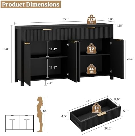Lulive 55" Sideboard Buffet Cabinet with Storage for Kitchen, Black - Image 2