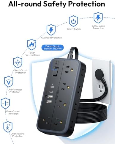 NTONPOWER Power Strip 15 Ft Cord, 10 Widely Spaced Outlets, 4 USB Port(2 USB C Port), Ultra Thin Flat Plug Extension Cord 15 Feet for Home Office Garage, Black - Image 6