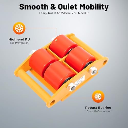 4PCS Machinery Skates with 2 Steering Handles, Heavy Duty Machinery Skates Dolly Machinery Moving Skate 360°Rotation Machine Dolly Skate Machinery Mover Skate for Industrial Moving Equipment, Yellow - Image 5