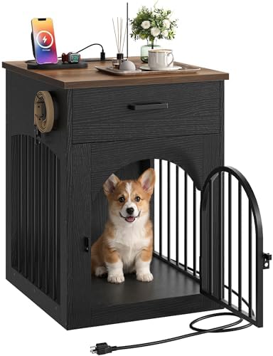 CHOEZON Dog Crate Furniture, Wooden Dog Kennel with Charging Station and Storage Drawer, Indoor Pet Crate End Table for Small Breeds,Dog Cage for Living Room, Bedroom, Black and Walnut MGW01UBL by Choezon