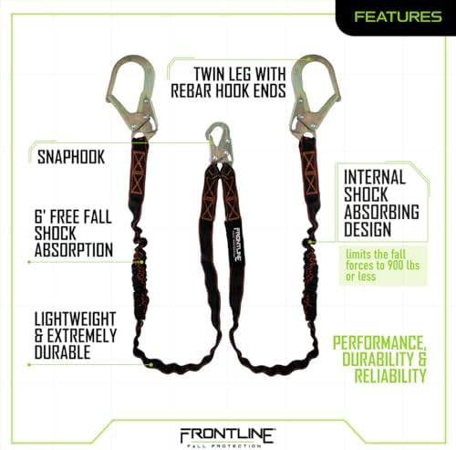 Frontline LIS62R Double Shock Absorbing 6' Lanyard | Twin Leg Lanyard 1 Snap Hook and 2 Rebar Hook Ends | ANSI & OSHA Compliant Fall Protection | 6000 lbs. Min. Breaking Strength - Image 3