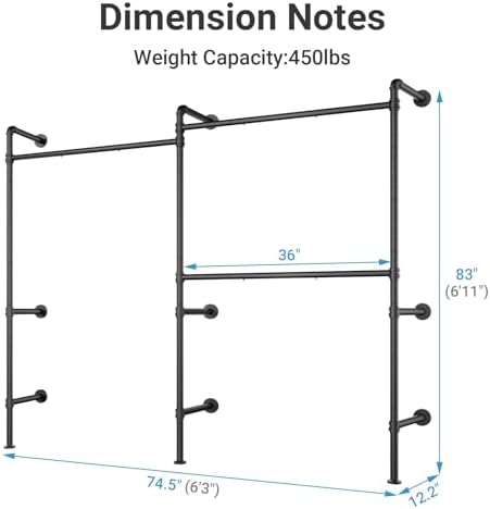 Timate P2 Industrial Pipe Clothes Rack, Wall Mounted Open Closet System with 3 Hanging Rods, L-Shape & Straight Configuration Garment Rack for Closet, Bedroom, Apartment, Retail Display, Black - Image 4