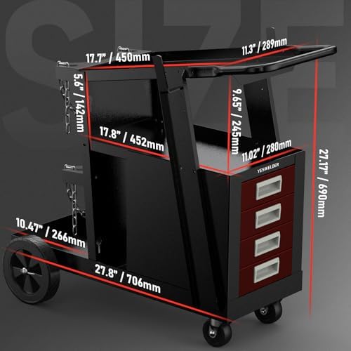 YESWELDER Welding Cart with 4 Red Drawers, Dual Cylinder Slots, 245 lb - Image 2