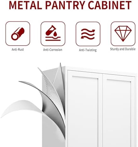 AQY Kitchen Pantry Cabinet,61" White Pantry Storage Cabinet with 4 Tier Adjustable Shelves and 2 Doors,Freestanding Cupboard,Metal Pantry Cabinets with Handle for Living Room Kitchen Assembly Required - Image 5