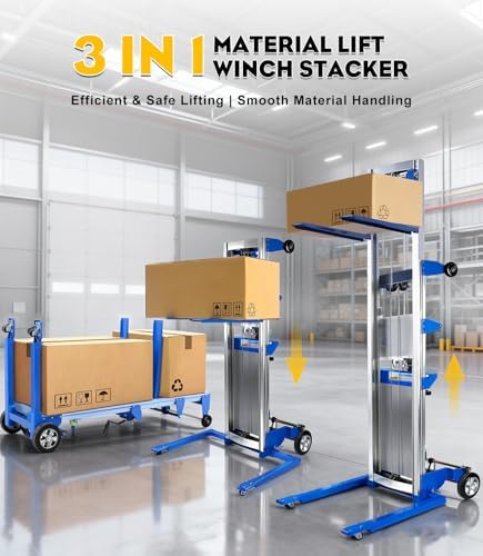 122" Material Lift Winch Stacker, 400 lbs Capacity, Adjustable Straddle Material Lifter for Warehouse & Factory, Lightweight Aluminum & Manganese Steel Construction, 42.1" x 29.1" x 66.9" - Image 5
