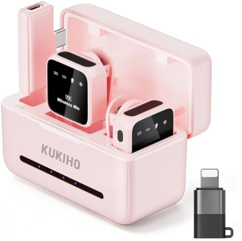 KUKIHO Wireless Lavalier Microphone for iPhone iPad Android with Charging Case 80h Battery Life, Noise Cancellation, 164ft Range Plug-Play Clip On Lapel Mic for YouTube, Video Recording, Vlog (Pink) by KUKIHO