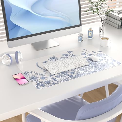 Faux Leather Large Mouse Pad, Office Desk Mat, 23.6"x13.8", Blue Flowers - Image 2