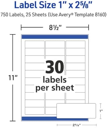 Avery Easy Peel Printable Address Labels, Sure Feed Technology, 1" x 2-5/8" Customizable Stickers, White, 750 Blank Mailing Labels, Great for Mailing, Shipping, and More (8160) - Image 5