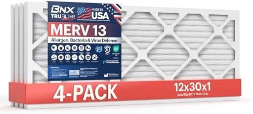 BNX TruFilter 12x30x1 Air Filter MERV 13 (4-Pack) - MADE IN USA - Electrostatic Pleated Air Conditioner HVAC AC Furnace Filters for Allergies, Pollen, Mold, Bacteria, Smoke, Allergen, MPR 1900 FPR 10 by BNX