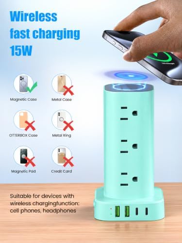 Power Strip Tower with Wireless Charger, Flat Plug Surge Protector Tower with 6FT Extension Cord, 12 AC Multiple Outlets, 4 USB (2 USB C),15W Wireless Charging Power Tower for Home Office Dorm, Blue - Image 2