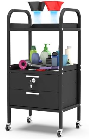 TASALON Metal Salon Trolley Cart with Wheels & Lockable Drawers – 4-Tier Hair Stylist Rolling Tray Cart, Barber & Esthetician Station Organizer, Beauty Salon Equipment & Spa Storage Cabinet by TASALON