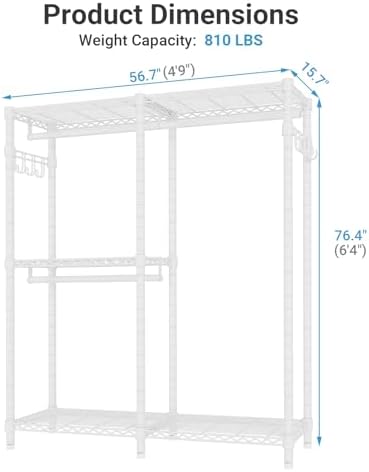 VIPEK V4C Heavy Duty Adjustable Clothing Rack, White Metal Closet Rack with Grey Cover, 57.9" L x 17.3" W x 76.4" H, 3 Hanging Rods & Side Hooks, Portable Closet - Image 6