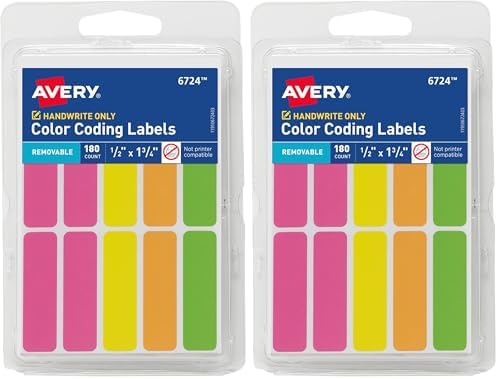 Avery Color-Coding Removable Labels, 1/2" -3/4", Assorted Neon Colors, Non-Printable, 180 Blank Labels (6724), (Pack of 2) by Avery