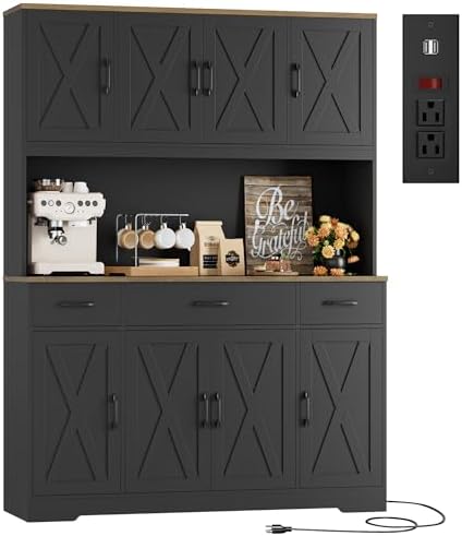 HOSTACK 71" Tall Kitchen Pantry Storage Cabinet, 55" W Kitchen Hutch, Black by HOSTACK