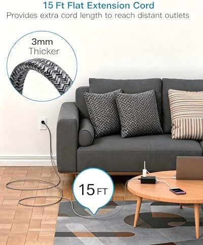 Extension Cord 15 Ft, Flat Plug Surge Protector Power Strip 15 Ft Long Cord - Image 3