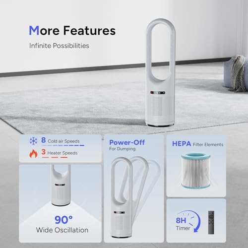 3 IN 1 Tower Fan, 31.5Inch Cooling & Heating Bladeless Fan with HEPA Filter 99.97%, Heater Fan Floor Fan Combo 80° Oscillating with Remote, 8H Timer for Indoor, Bedroom, Home Office Room - Image 6