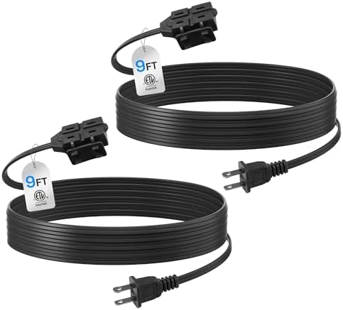 BN-LINK 9ft Indoor Extension Cord, 2 Pack, 3-Outlet Polarized Flat Cable, Household Power Cord for Home, Office, and Holiday Decorations, Black by BN-LINK