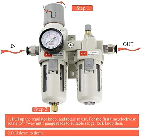 RIH Pneumatics 3/8" NPT Compressed Air Filter Regulator Lubricator Combo Water/Oil Trap Separator - Gauge(0-150 psi), Semi-Auto Drain, Poly Bowl,Bracket - 3 in 1 Two Unit (3/8" NPT) - Image 2