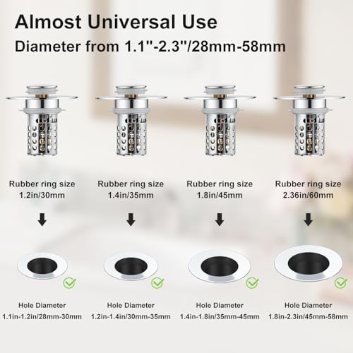 Bathroom Sink Drain Strainer, Universal Pop Up 3 in 1 Bathroom Sink Stopper with Removable Stainless Steel Filter Basket Drain Hair Catcher, Sink Plug for 1.1''~2.36'' Basin, Brass Bullet Core, Chrome - Image 4