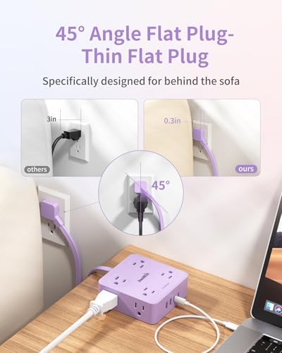 Extension Cord with Multiple Outlets, SMALLRT Flat Plug Power Strip, 6.5FT Power Strips with USB Ports, 8 Outlets, Outlets Extender for Home Office, Purple - Image 3