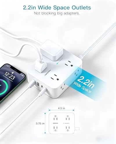 15Ft Long Extension Cord with Ultra-Thin Flat Plug, 8 Widely Spaced Outlets - Image 5