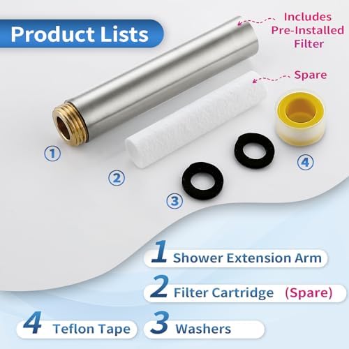 4" Showerhead Extension Arm w/PP Filter Cartridge, 4 Inch 304 Stainless Steel Brushed Nickel Shower Arm Extender, Traps Sediment & Rust, Prevents Clogging, Extends Showerhead Life Hard Water Area - Image 5