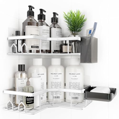 Adhesive Shower Caddy, 4 Pack Corner Bath Organizer, Rustproof Stainless Steel Shower Shelves with Large Capacity, No Drilling Shelves for Bathroom Storage, Home, Kitchen Décor (White). by Unknown